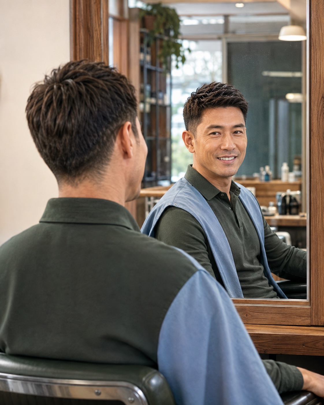 Man in a barbershop with a short textured hairstyle and visible hairline