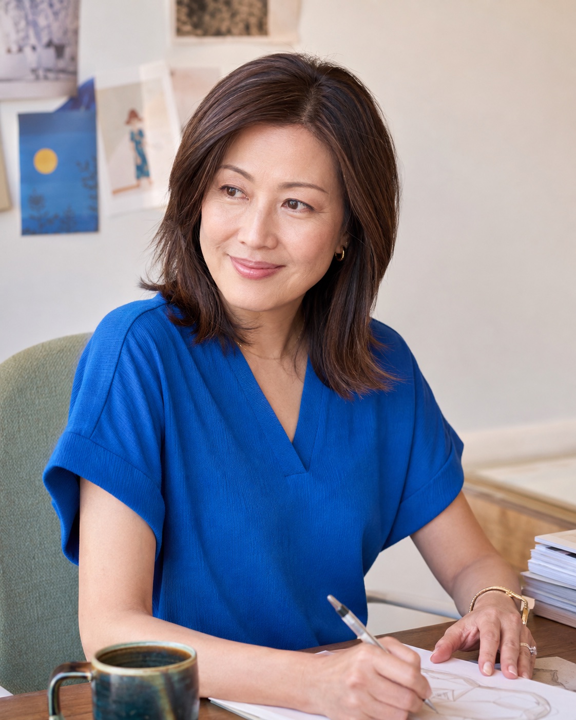 Woman at work with a natural dark chestnut crown and part