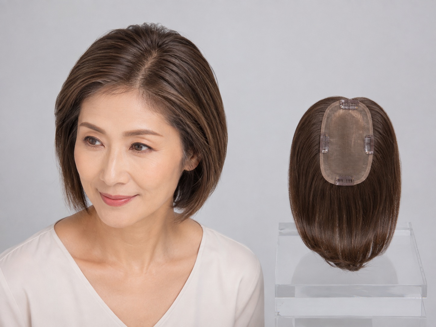 Lace Front Short 8, woman wearing a partial hair topper beside its base